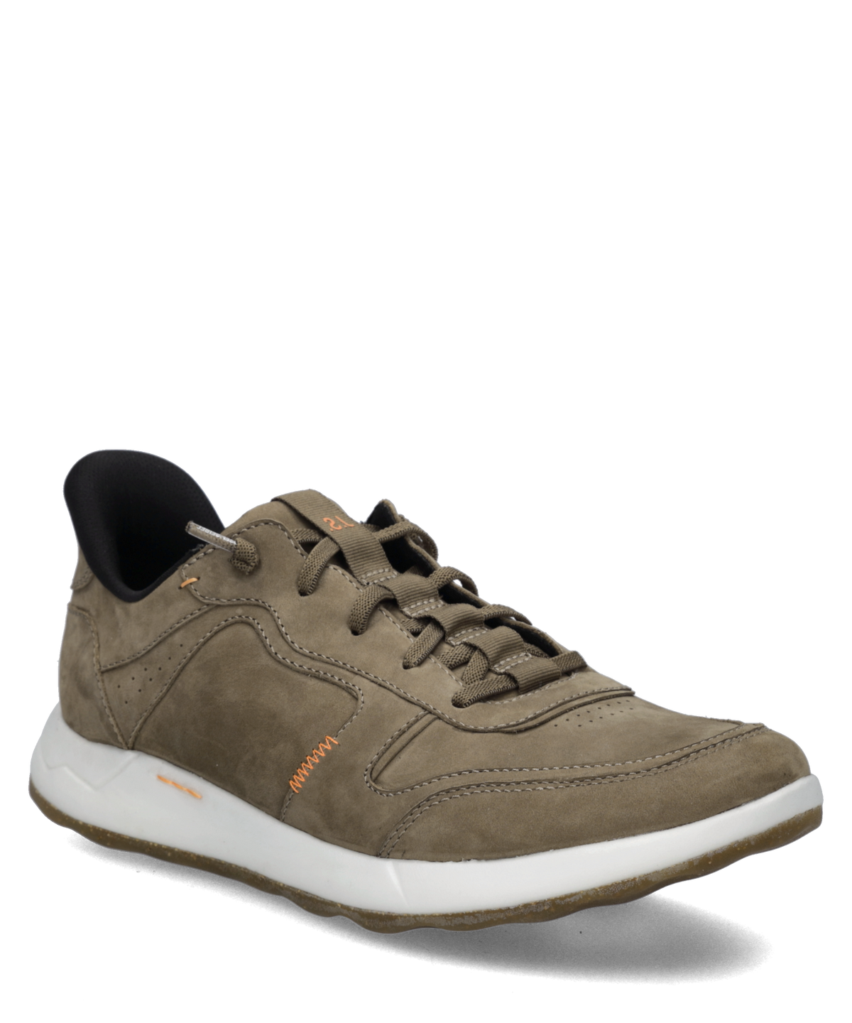 A single low-top sneaker in taupe brown suede, featuring a white midsole and a small orange logo on the side, set against a plain white background.