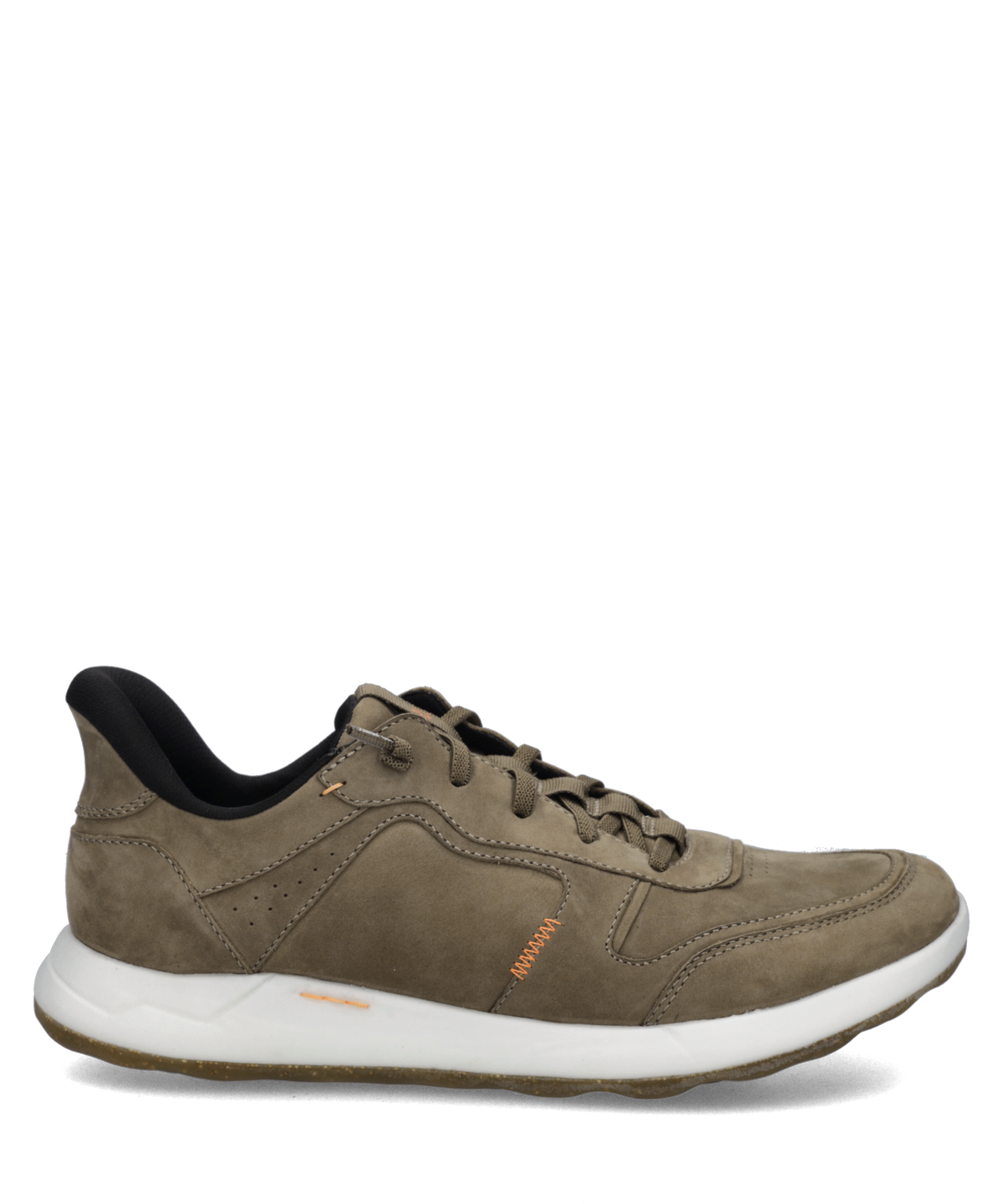 A single low-top sneaker shown in a side profile view against a plain white background. The shoe is primarily taupe-brown suede with a thick white midsole, black collar lining, and small orange accents on the side logo and heel.